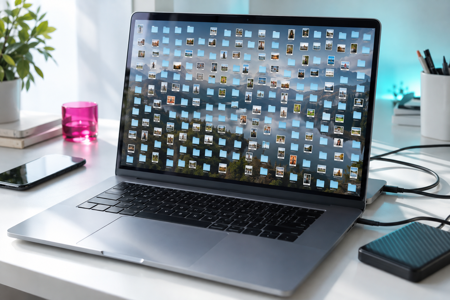 Un ordinateur portable dont le bureau déborde de dossiers et de photos