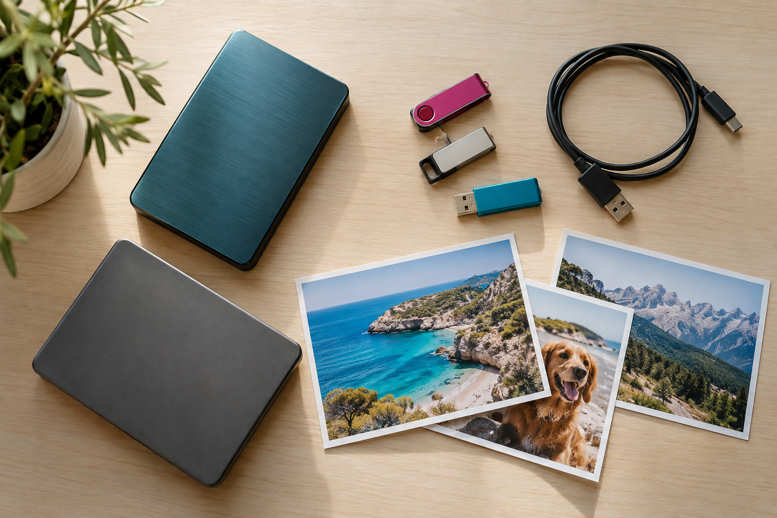 Des disques externes, clés USB et photos souvenirs éparpillés sur un bureau
